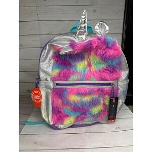 Wonder Nation Unicorn Backpack Silver Holographic Rainbow Faux Fur 17 Inch NWT